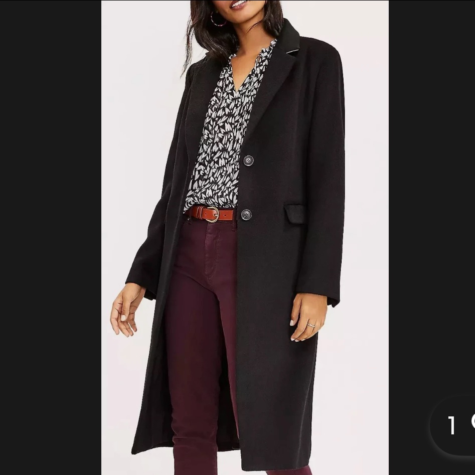 Nwt Loft Size Xl Black Two Button Coat Wool Blend Midi Length Style 593459